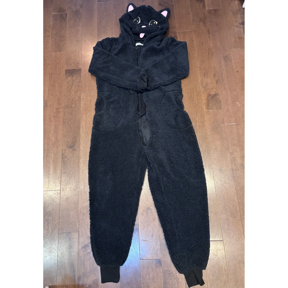 Black Cat Sherpa Fleece Union Suit One Piece Pajamas Halloween Costume Hooded